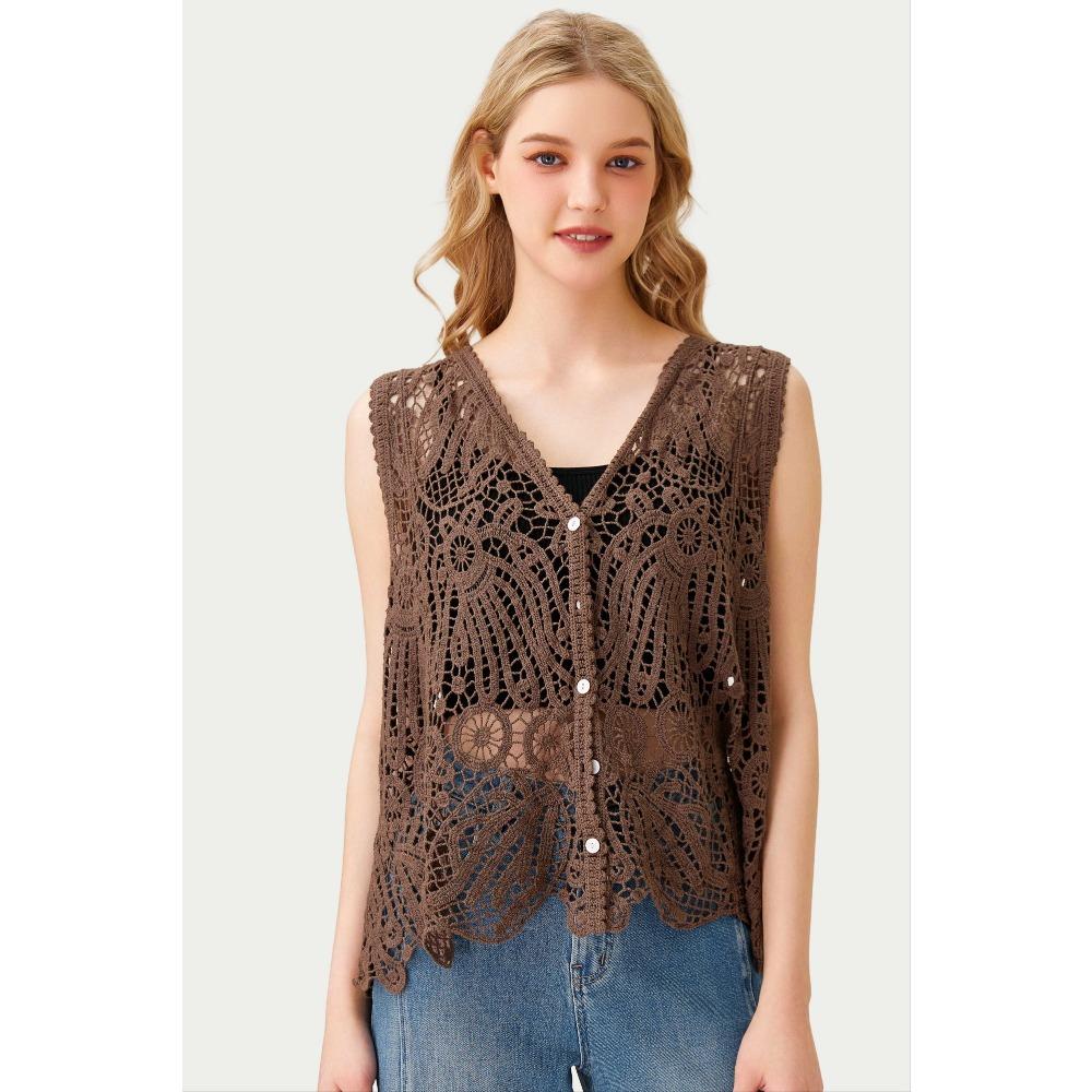 DIMANAF 2026 New T-Shirt Knitting Lace Vest Women Buttons O-Neck Hollow Summer Style Basic Tops Tees Loose Clothing