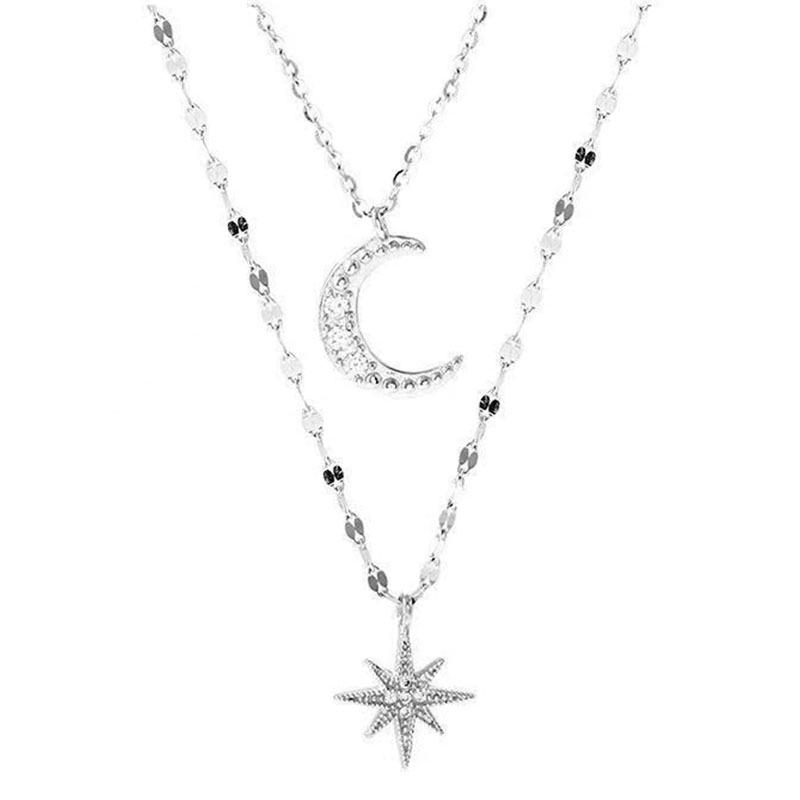 Korean Silver Diamond Star & Moon Double-Layer Necklace – Light Luxury, Unique Niche Design