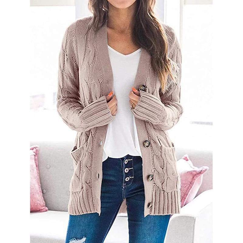 Womens Loose Fit Cable Knit Cardigan Sweater V-Neck Long Sleeve Mid-Length Casual Outerwear