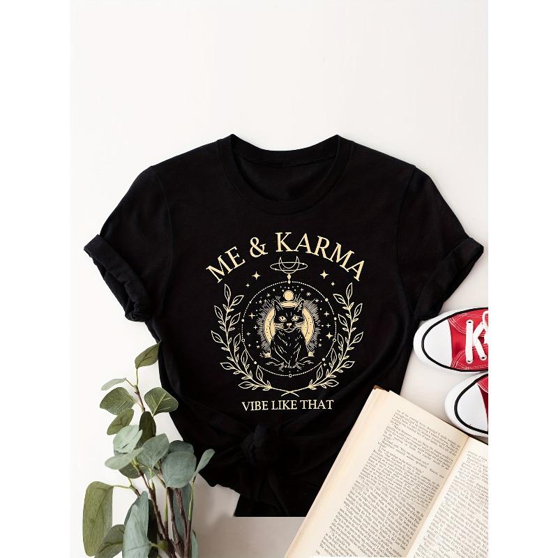 

Womens Cat Letter Print Crew Neck T Shirt Casual Short Sleeve Spring Summer Top 4XL