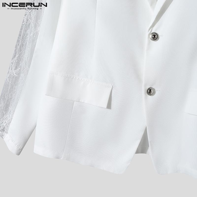 INCERUN Men Lapel Long Sleeve Lace Crochet Patchwork Party Blazer Coats