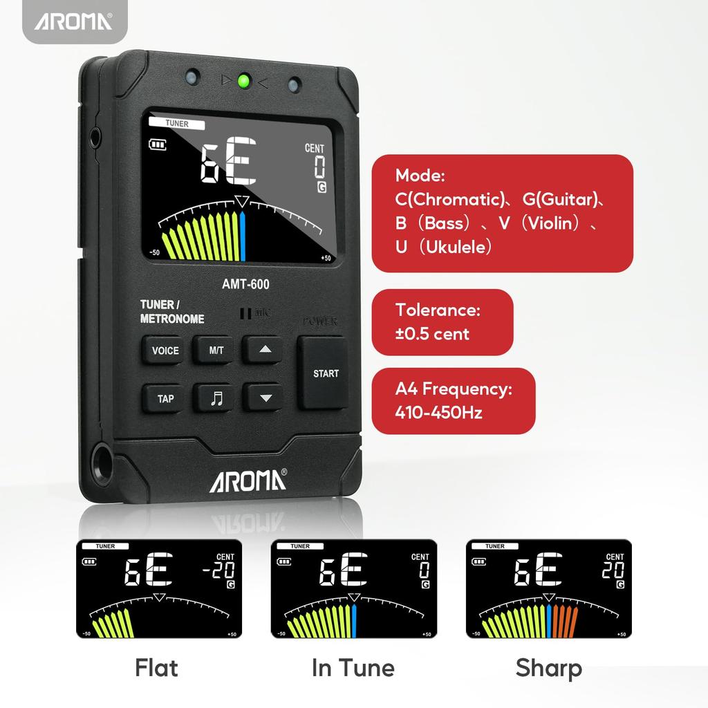AROMA 3-in-1 Electronic Metronome Tuner, Rechargeable, Compatible with Most Instruments, 5 Instrument Modes, with English Vocal Beat Function