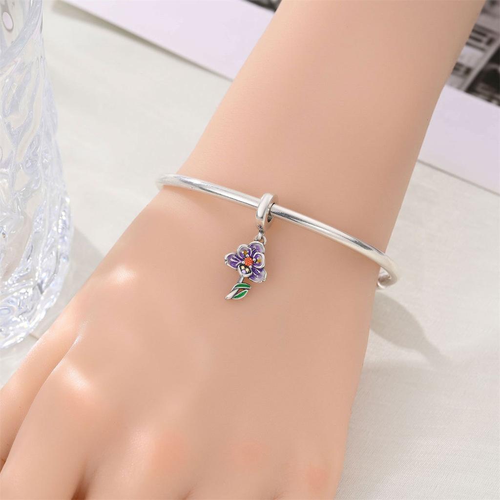 S925 Silver DIY Bracelet Beads Charms Iris Pansy Four Leaf Clover Pendant for Jewelry Making Handmade