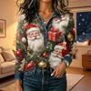 Women's Christmas Print Long Sleeve Top - Casual Loose Fit Patchwork Shirt with Shoulder