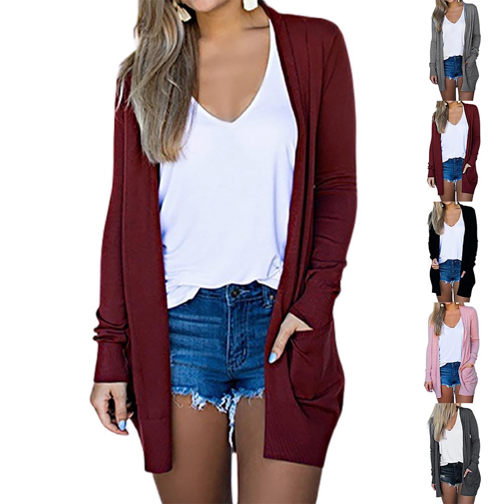 Womens Solid Color Long Cardigan Autumn Long Sleeve Casual Loose Coat