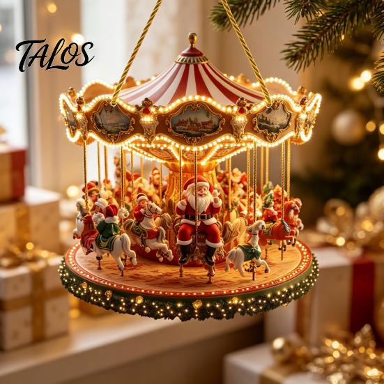 Indoor Outdoor Christmas Tree Ornaments Santa Claus Carousel/Snow Cottage Hanging Ornament, Double-Sided Holiday Party Decorations Acrylic Pendant for
