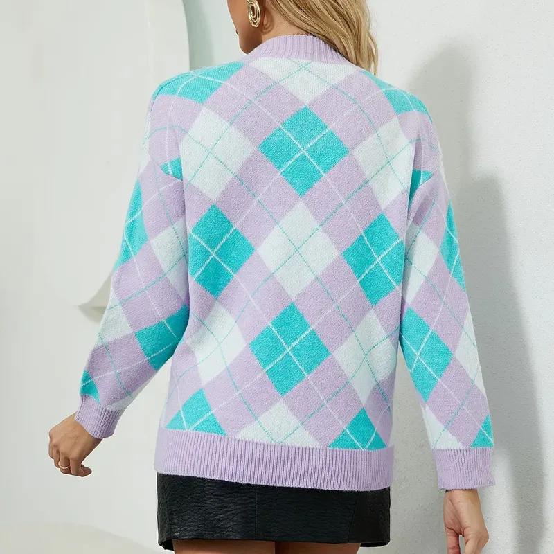 Cardigan tricoté imprimé géométrique décontracté, automne/hiver, pull contrasté, manteau polyvalent à manches longues, col en v, veste pull 30099