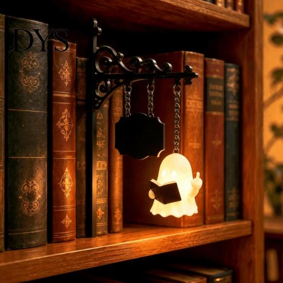 Reading Ghost Lamp Bookshelf Light, Vintage Metal Book Nook Lamp, Spooky Bookend Unique Gift for Lovers Ornament, Warm LED Shelf Light Decor