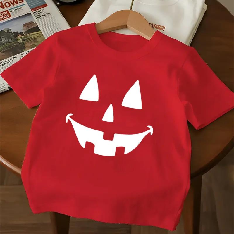 Kids Crewneck Short Sleeve Tee, Smiley Pumpkin Print Summer Casual Top