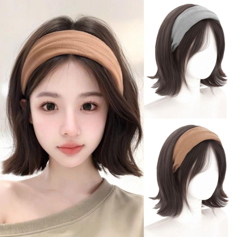 Korean Style Synthetic Wide Knit Headband Wigs Hair Hoop Short Wavy Bob Hair  Party