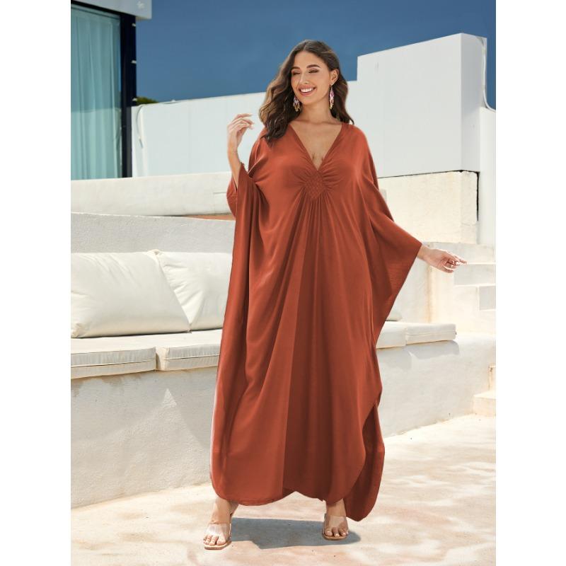 Women's Fashion Spring Fall Solid Color Print Long Sleeve V-Neck Loose Waistline Casual Dresses