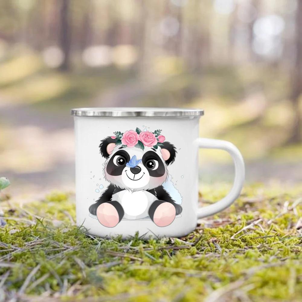 Flower Panda Printed Creative Enamel Water Cup Drink Dessert Breakfast Milk Cups Kid Mugs Handle Mug Birthday Gifts for Childen