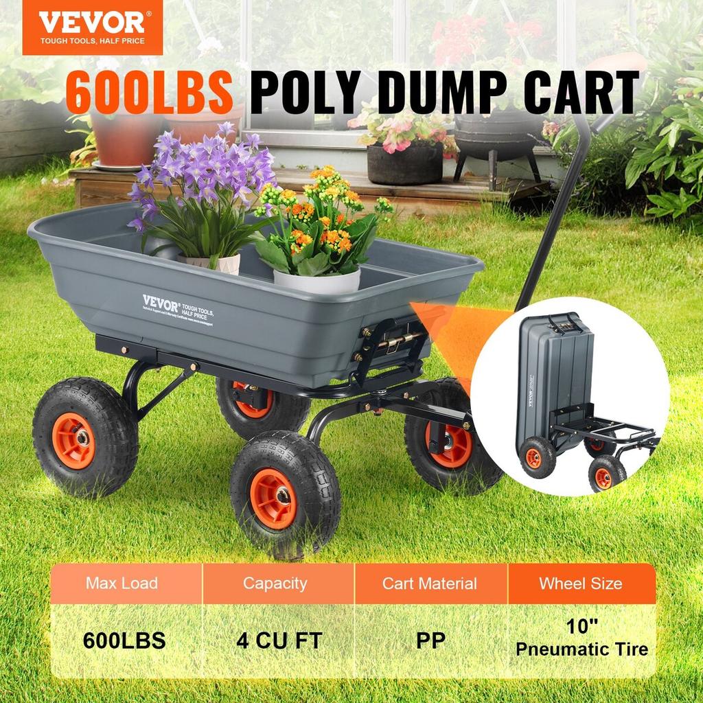 Poly Garden Dump Cart Heavy-duty Yard Carts and Wagons 4 cu.ft 600 lbs