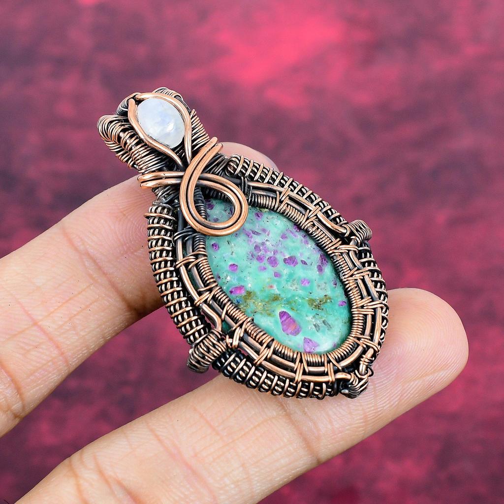 Ruby Fuchsite And Rainbow Moonstone Pendant Copper Wire Wrapped Gemstone Jewelry