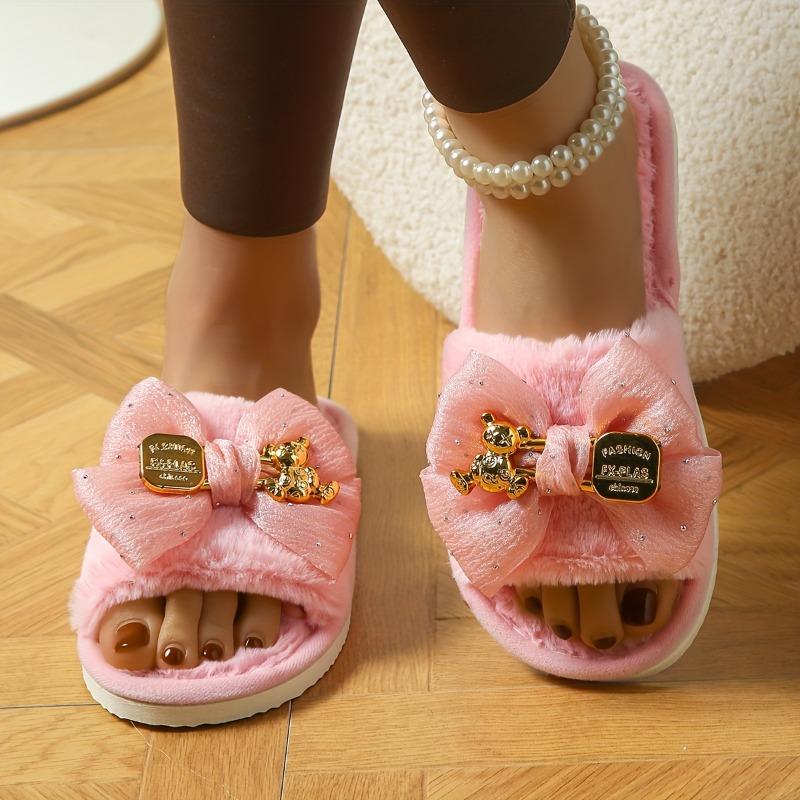 Women'S Elegant Pink Satin Bow Bear Decorative Plush Home Slippers - Stylish, Comfortable, and Stylish Flat Sandals for Indoor and Outdoor Use