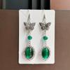 1Pairs Vintage Silver Dangle Earrings Hollow Butterfly Emerald Green Gem For Party Daily Wear Vacation