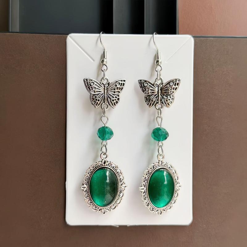 1Pairs Vintage Silver Dangle Earrings Hollow Butterfly Emerald Green Gem For Party Daily Wear Vacation