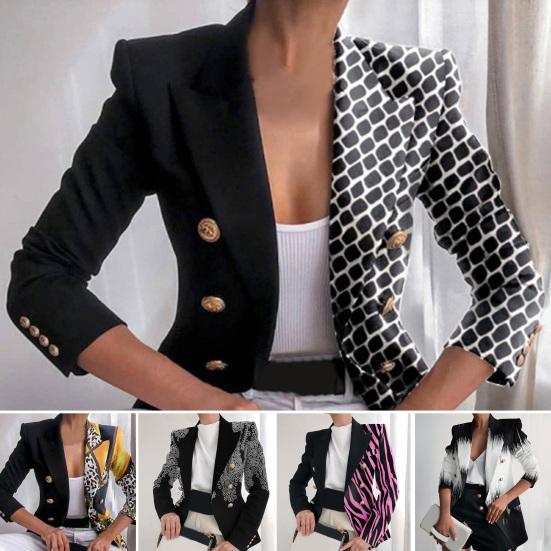 Women Blazer Right-angle Shoulder Double Breasted Long Sleeves OL Style Lapel Dress Up Cardigan Striped Print Lady Coat for Work
