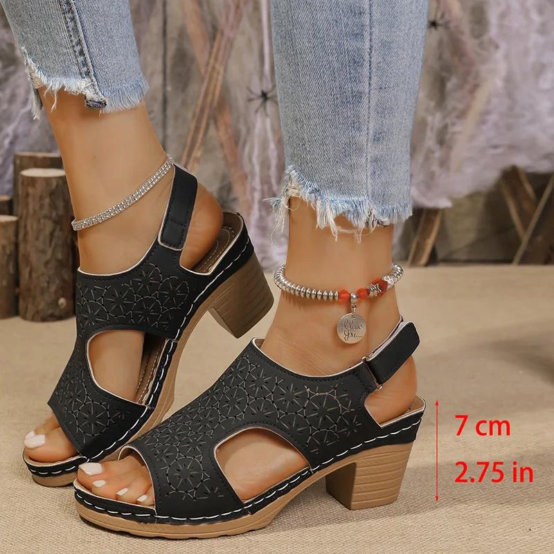 Fashion Women's Fashion Thick Sole Hollow Sandals Summer High Heel Peep Toe Sandal Female New Back Strap Square Heel Sandalias Mujer