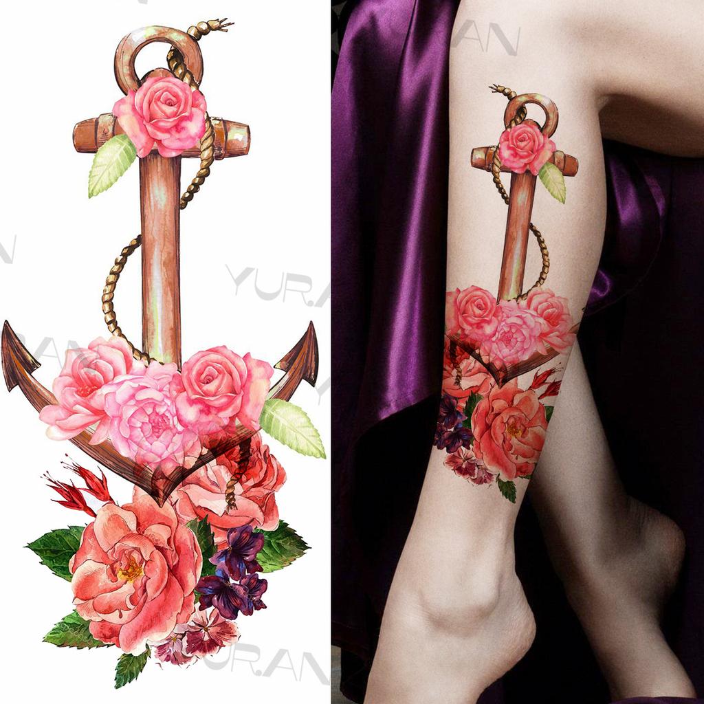 Large Colorful Rose Flower Temporary Tattoos For Girls Women Anchor Fake Gemstone Pendant Tattoo Paste Arm Body Tatoos Creative