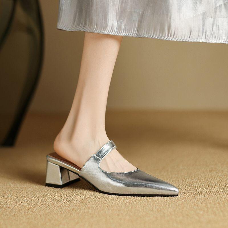 

2025 лето новый серебристый острый носок литературный темперамент ретро универсальная сумка голова свет рот толстый каблук мюли 35 серебряный