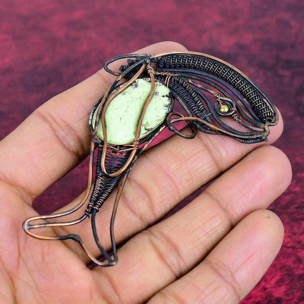 Lemon Chrysoprase Real Gemstone Pendant Fish Jewelry Copper Wire Wrapped Pendant