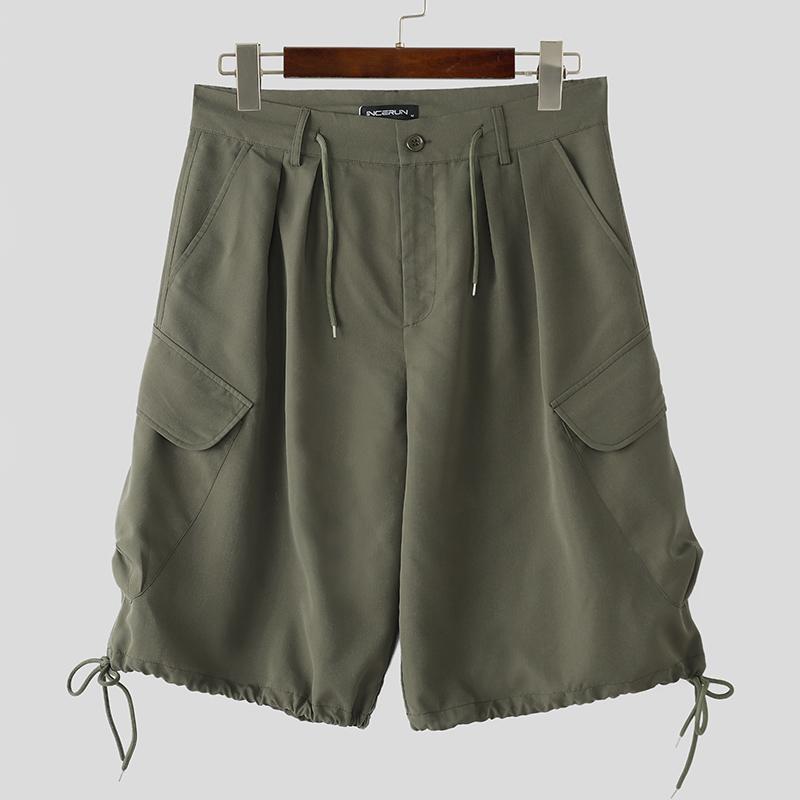 

INCERUN Men High Zipper Waist Drawstring Hem Solid Casual Loose Cropped Short Cargo Pants XL зелений