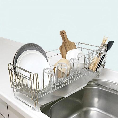 

Kawabata Takisaburo Shoten Stainless Steel Over-the-Sink Dish Drainer, Slim, Compact, Large Capacity, Automatic Drainage, Bottle Stand, Cup/Water Bott