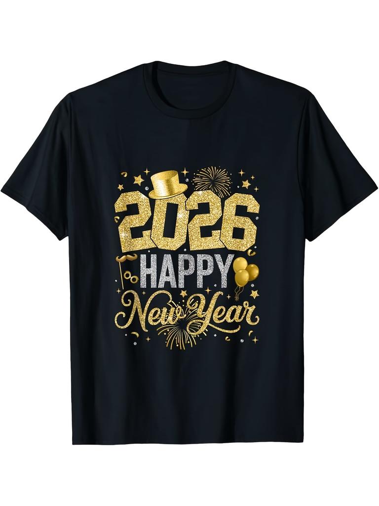 Men's 2026 New Year Golden Glitter T-Shirt Party Shirt with 2026 Numbers Balloon Print, Short Sleeve Crew Neck Casual To