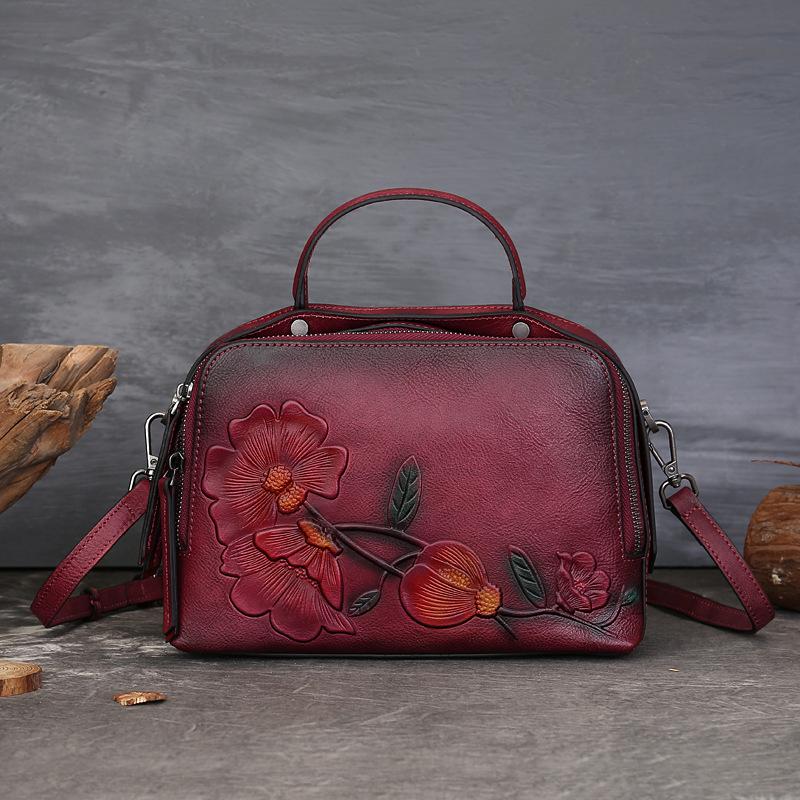 

New Top Layer Cowhide Retro Pillow Bag, Artistic Chinese Style Embossed Handbag, Large Capacity Versatile Boston Women s Bag червоний