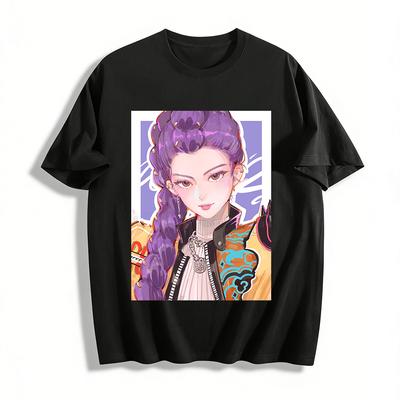 Cool Chinese Style Purple-haired Girl Print T-shirt Casual Loose Crewneck Streetwear Daily Top Pure Cotton T-shirt