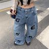 Retro Design Sense Niche Washed Scimitar Jeans Women's Summer Multi-pocket Printed Tooling Floor Pants