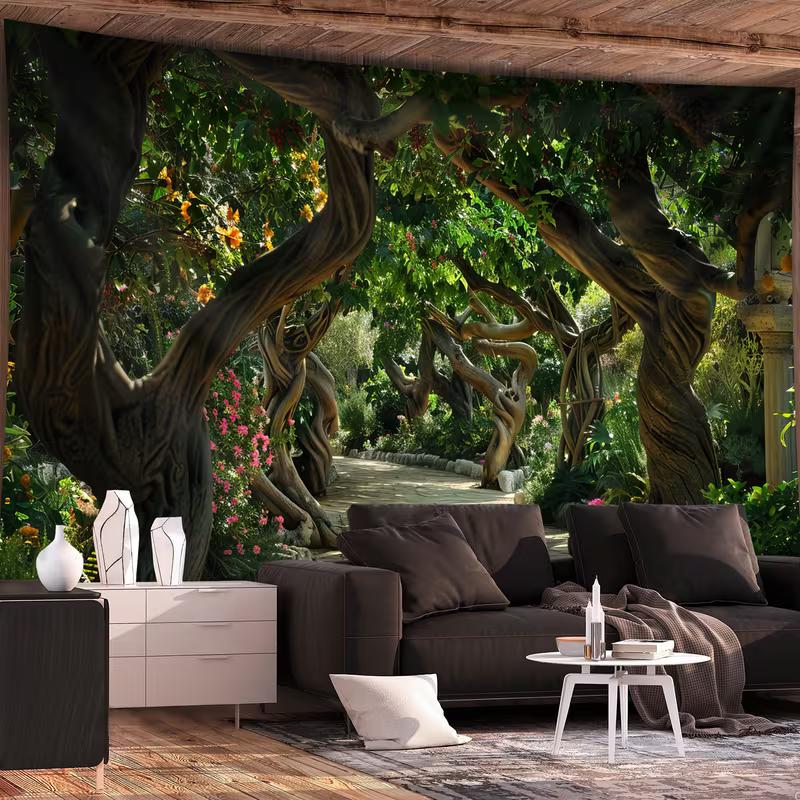 Twisted Tree Arch Tapestry Wall Hanging, Enchanted Garden Path with Floral Magical Landscape Wall Art for Home Decor