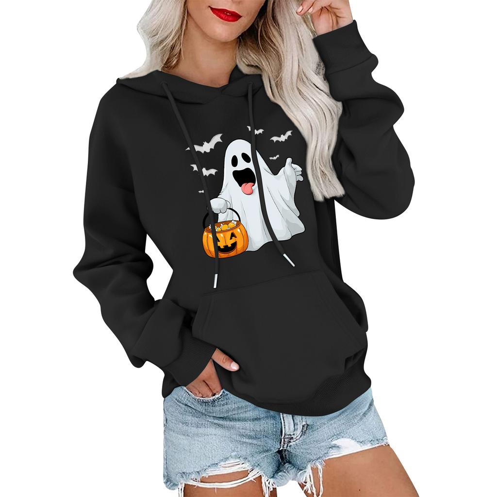 Dámský módní, ležérní, pohodlný svetr s kulatým výstřihem, s kapucí, s dlouhým rukávem, s halloweenským potiskem, hřejivý