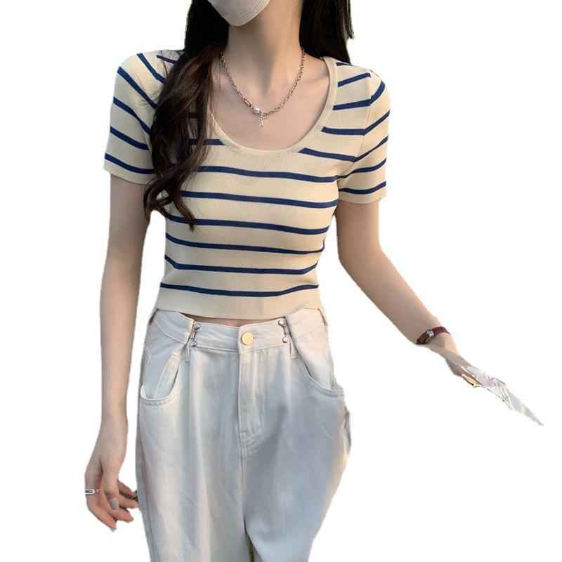 Women's Striped Knitted Short-Sleeve T-Shirt - Trendy Summer 2022 Slim Fit Top