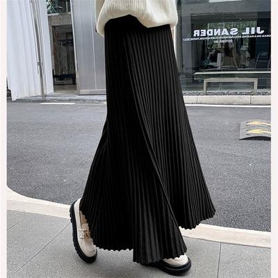 Autumn Winter Women's Long Skirt High Waist Knitted A-line Pleated Skirt Ladies Elegant Solid Gray Loose Casual Skirts for Women