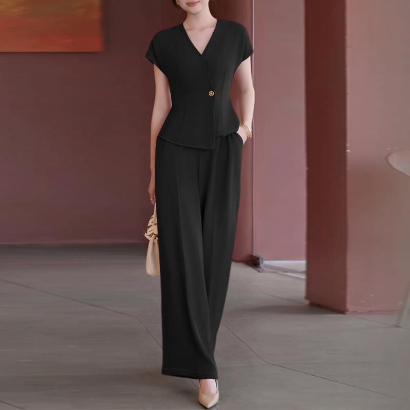 ZANZEA Kadın Kısa Kollu Bluz ve Pantolon Günlük İki Parça Takım Setleri