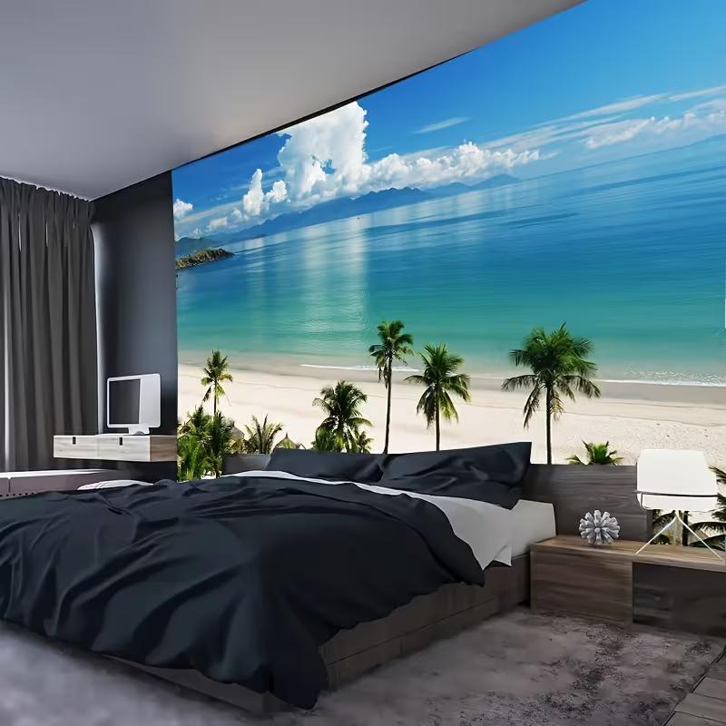 2D Bright Summer Beach Tapestry with Palm Trees & White Sand 47.2x31.5inch/120*80cm