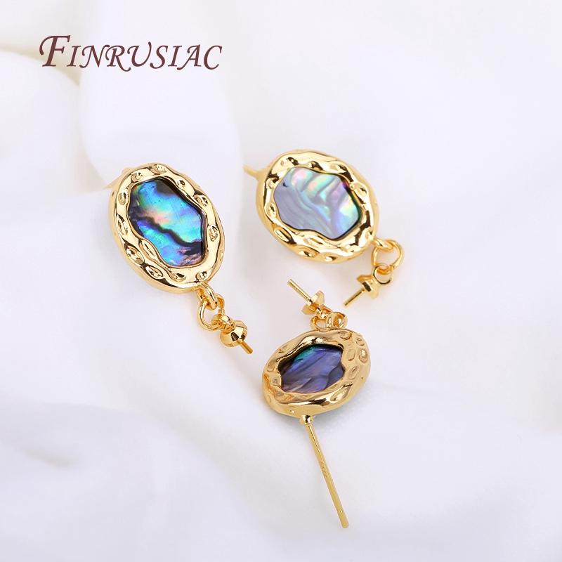 18K Real Gold Plated Abalone Shell Pattern Texture Oval Post Earring Findings With Pearl Pendant Mounting,DIY Pearl Earrings