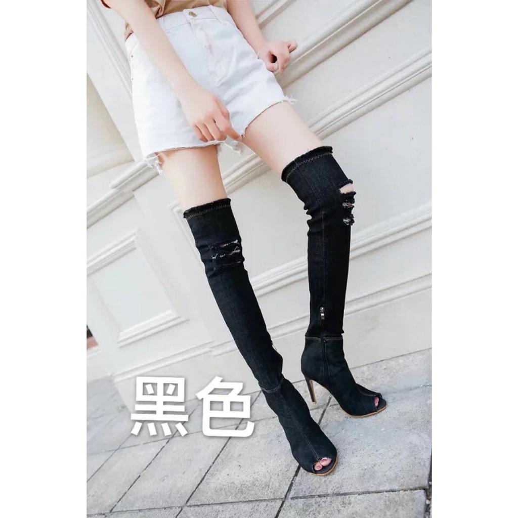 2025 Boots Women Summer Autumn Thigh High Peep Toe Over The Knee Boots Blue Denim Jeans Zipper Long Boots Shoes Ladies