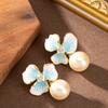 French gentle temperament lady style enamel oil drop petal pearl earrings light luxury simple high sense fairy earrings