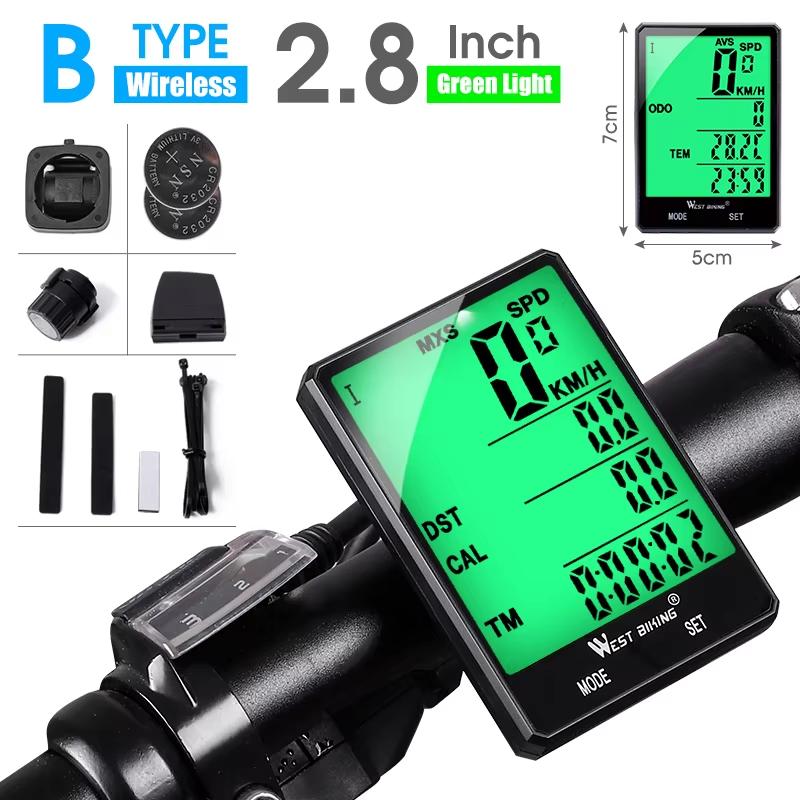 WEST BIKING 2.8" Large Screen Bicycle Computer Wireless Wired Bike Computer Waterproof Speedometer Odometer Cycling Stopwatch