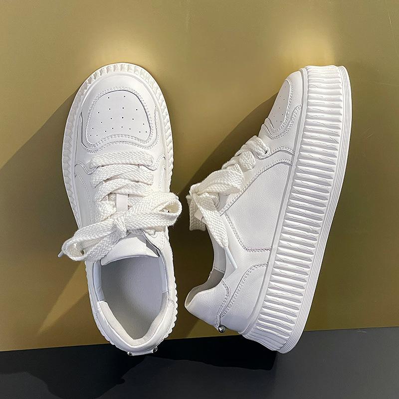 Leather Platform White Shoes Women's 2025 Spring New Casual Versatile Sports Board Shoes Heightening Shoes Children's Biscuit Shoes