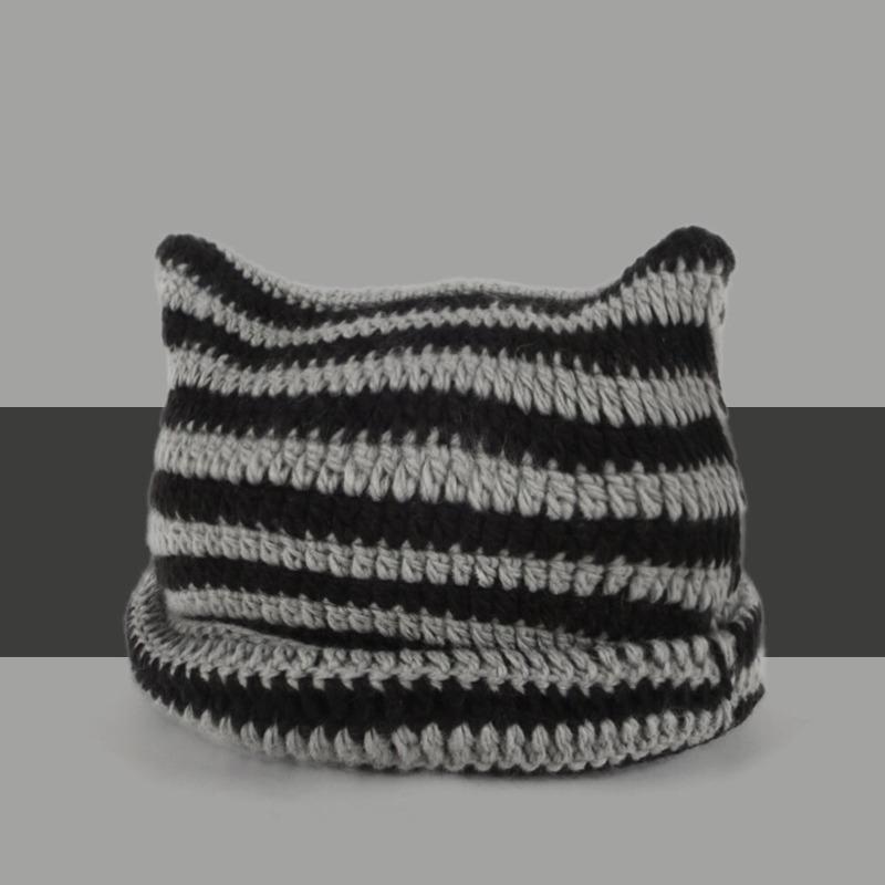 Autumn Winter Woolen Hat Japanese Devil Handmade Stripe Hat Female Cat Ear Warm Knit Pullover Hat Winter