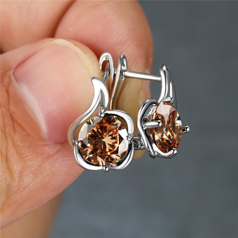 Round Rainbow Red Blue Green Yellow Black Stone Flower Hoop Earrings For Women Silver Color White Zircon Small Ear Buckle Gifts