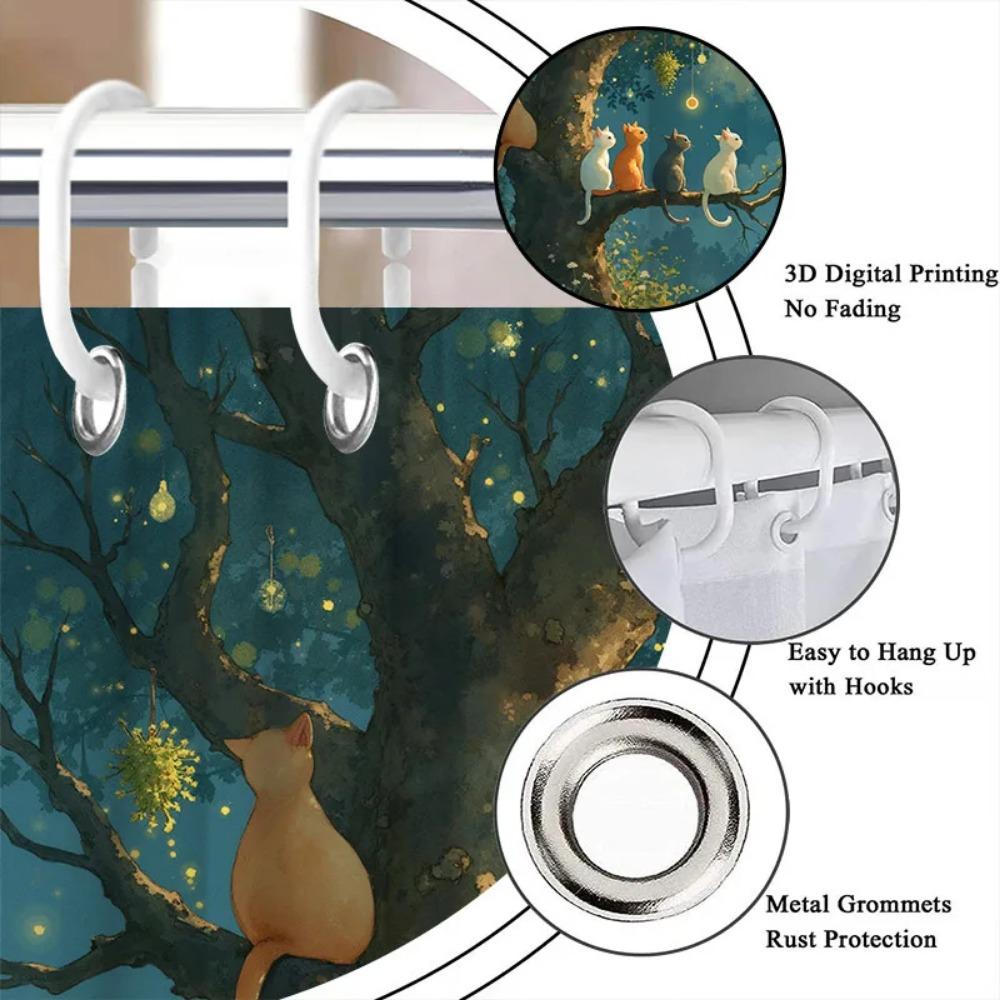 Charming Cats in Moonlit Forest Waterproof Shower Curtain - Adorable Night Scene, High-Quality Fabric, Durable and Stylish