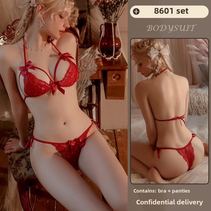 Sex Underwear Sexy Lace Temptation Three-point Bra Underwear Women's Transparent Pajamas Set