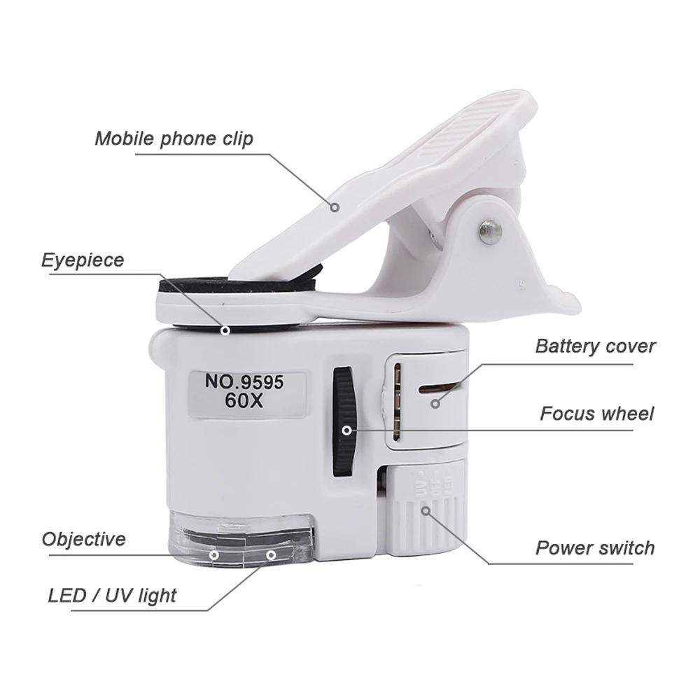 Universal Clip Microscope 61X LED Jewelry Magnifying Glass Cell Phone Clip Focusing Adjusted Pocket Microscope with Clip