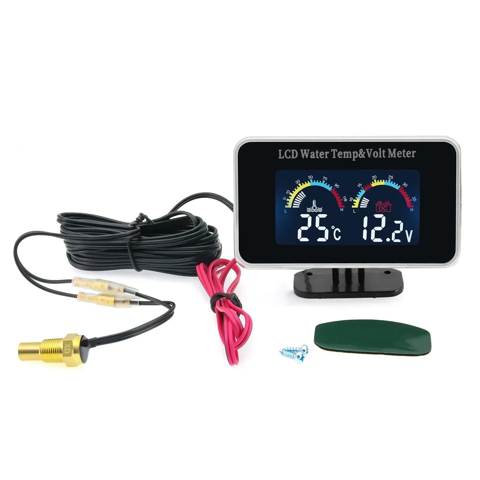 12V/24V Digital LCD Color Screen Display Water Temp Volt 2-in-1 Electronic Water Temperature Gauge for Car Truck Vehicle Tools 2IN1 Gauge