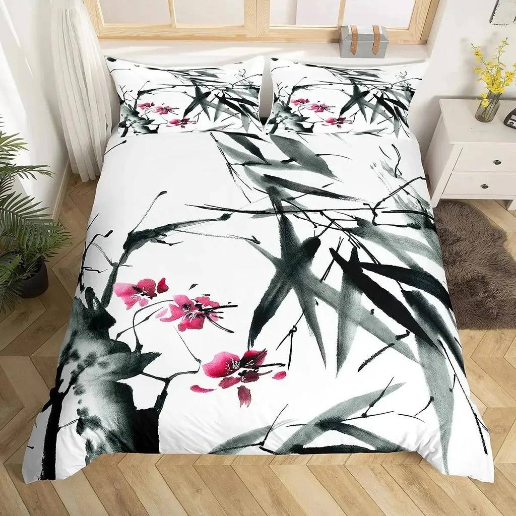 Bamboo Duvet Cover Set Bamboo Branches Bedding Set Tree Print Comforter Cover Fashion Retro Floral Style Quilt Cover Queen Size
